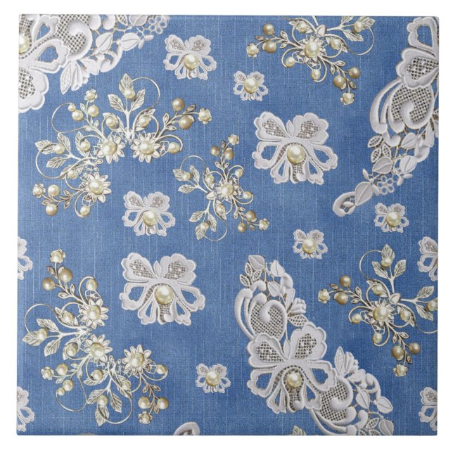 Carreau Dentelles et perles texturées Denim (Devant)