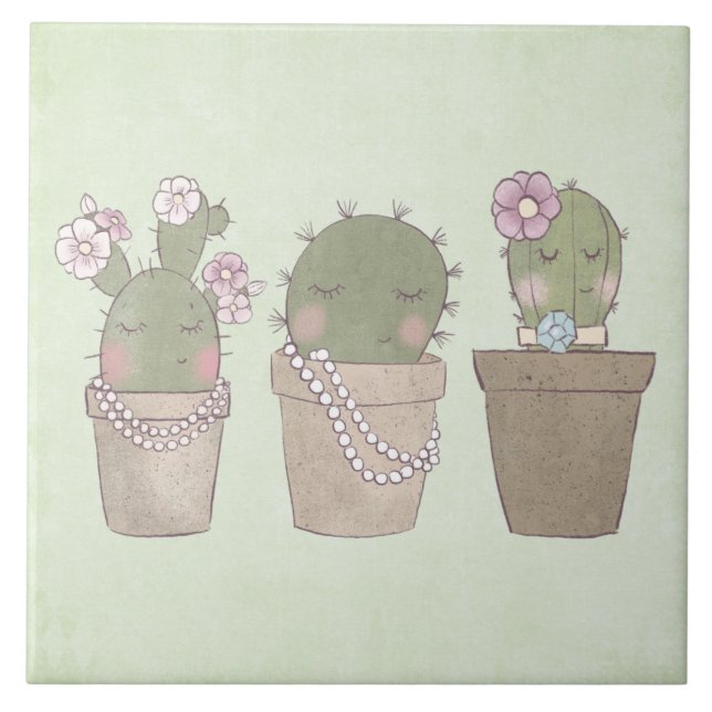 Carreau Design d'aquarelle Cactus Trio souriant (Devant)