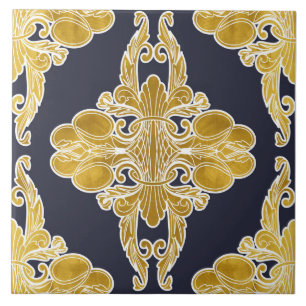 Carreau Design de luxe, motif floral, bleu marine, or
