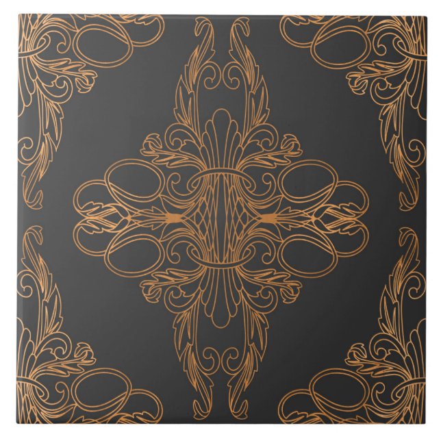 Carreau Design de luxe, motif floral, gris foncé, cuivre (Devant)