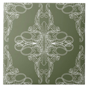Carreau Design de luxe, motif floral, vert olive, blanc