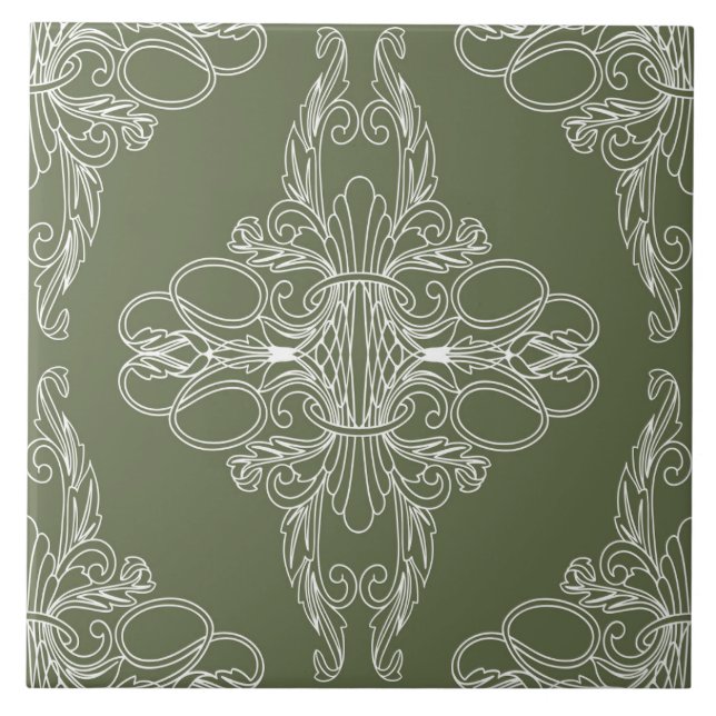 Carreau Design de luxe, motif floral, vert olive, blanc (Devant)