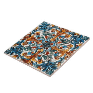 Carreau Design de tuiles florales en bleu et or