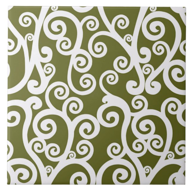 Carreau Design élégant, motif floral, vert olive, blanc (Devant)