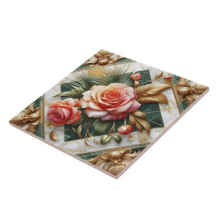 Carreau Design Floral Rose Élégant Avec Accents Or