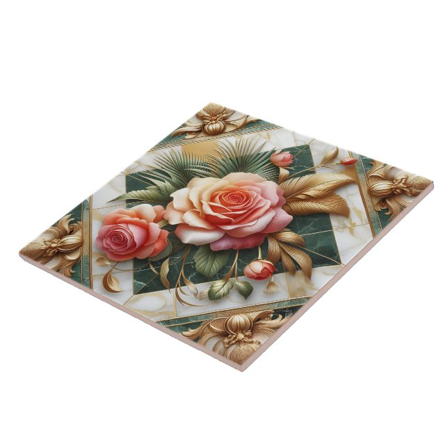 Carreau Design Floral Rose Élégant Avec Accents Or (Côté)