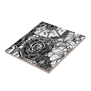 Carreau Dessin à motif floral zen noir et blanc