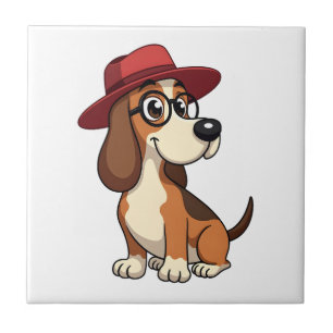 Carreau Dessin animé vintage Basset Hound au chapeau rouge