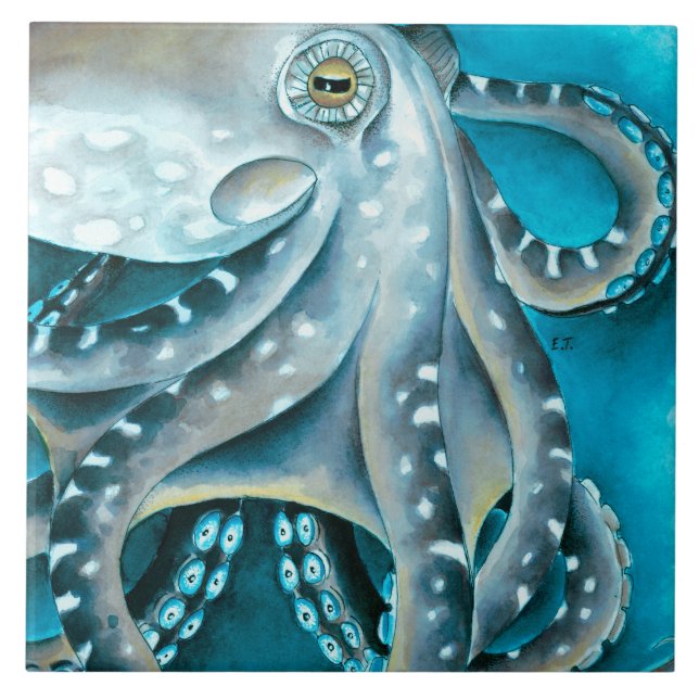 Carreau Détails de l'aquarelle bleue octopus (Devant)