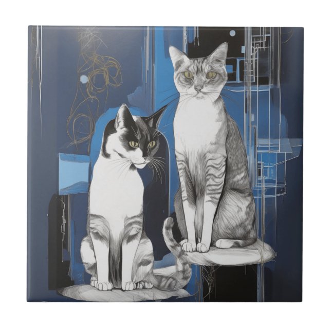 Carreau Deux chats gris sur un Arrière - plan Abstrait (Devant)