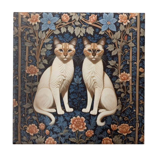 Carreau Deux chats siamois William Morris Inspiré (Devant)