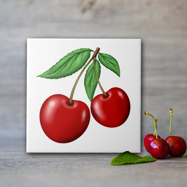 Carreau Deux fruits de cerises rouges (Cherry ceramic tile, in 2 sizes great for kitchen walls! Or order with optional frame for decoration)