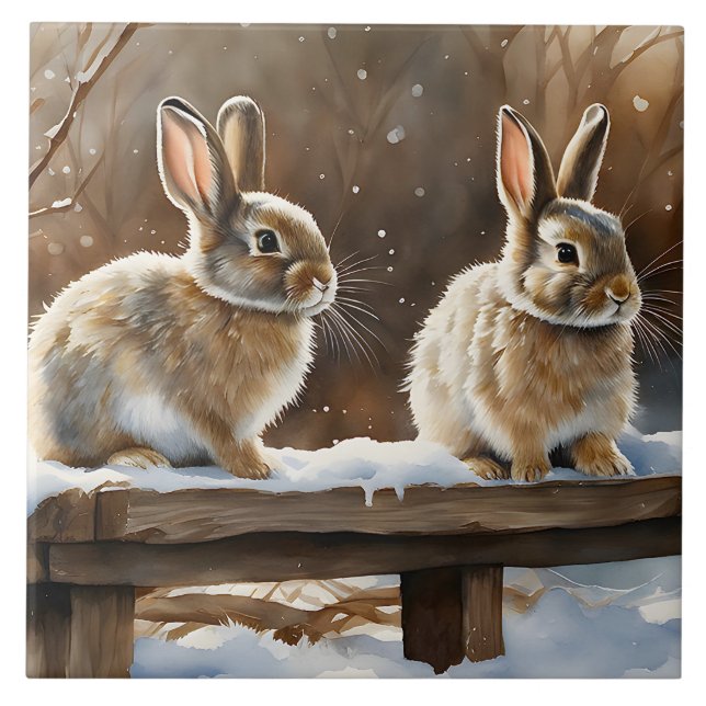 Carreau Deux mignons lapins de lapin sur un banc à neige (Devant)