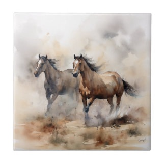 Carreau « Deux mustangs sauvages » Aquarelle occidentale p