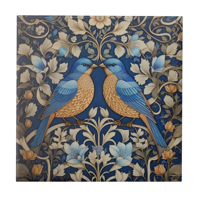Carreau Deux Oiseaux Bleus Élégants William Morris Inspiré (Devant)