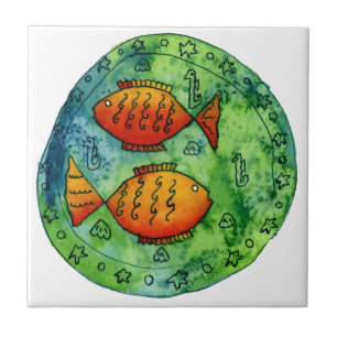Carreau Deux poissons rouges Aquarelle Vie sous-marine