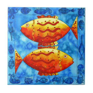 Carreau Deux poissons rouges Aquarelle Vie sous-marine