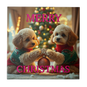 CARREAU DEUX POODLES CÉLÉBRER NOËL