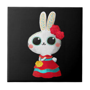 Carreau Dia De Los Muertos Cute Bunny Robe Rouge Mexicaine
