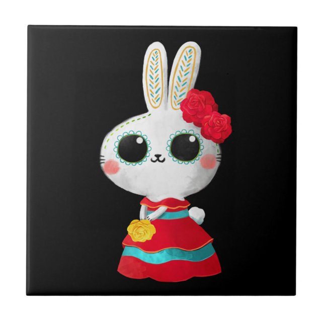 Carreau Dia De Los Muertos Cute Bunny Robe Rouge Mexicaine (Devant)