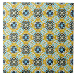 Carreau Diamants turquoises, jaunes et gris et Carrés