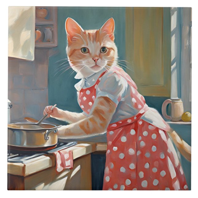 Carreau Dîner cuisine femme au foyer au chat (Devant)