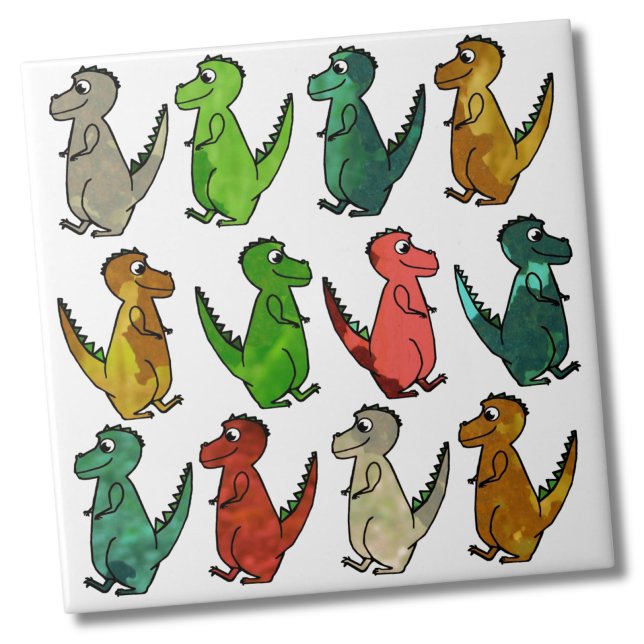 Carreau Dinosaures mignons colorés (Cute Cartoon Watercolor Dinosaur Print Ceramic Tile)