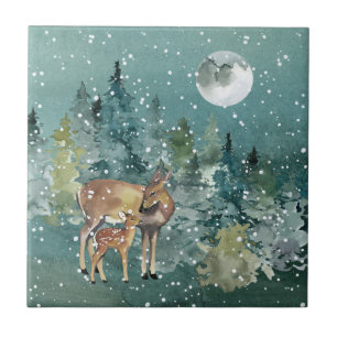 Carreau Doe Fawn Deer Forest Pleine lune Snowfall Aquarell