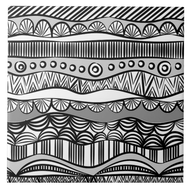 Carreau Doodles de Motif moderne Boho noir et blanc (Devant)