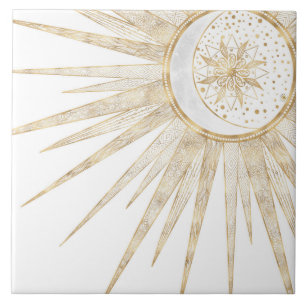 Carreau Doodles d'or élégants Sun Moon Mandala Design
