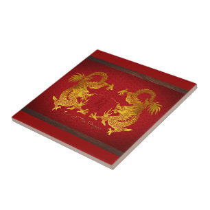 Carreau Dragon chinois d'or avec vieux Idéogramme T