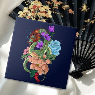 Carreau Dragon Chinois Vert Mystique Floral Bleu Marine