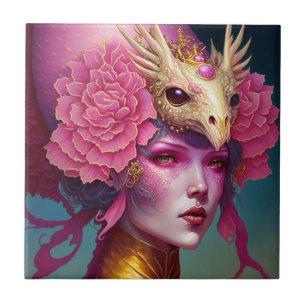 Carreau Dragon rose Crâne Femme Imaginaire Art