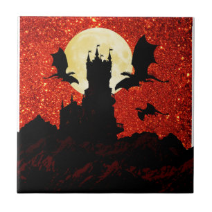 Carreau Dragons volant, château de falaise, pleine lune,