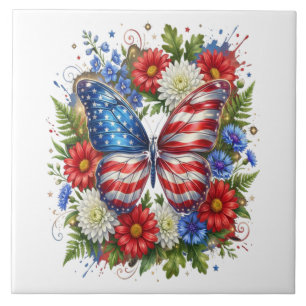Carreau Drapeau Américain Rouge Blanc Bleu Papillon Floral