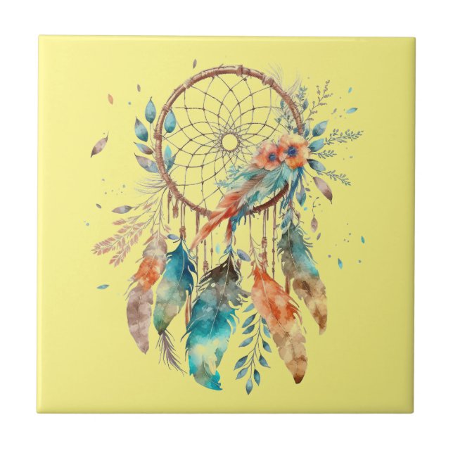 Carreau Dreamcatcher couleur turquoise plume jaune aquarel (Devant)