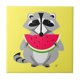 Carreau Drôle Cartoon Raccoon Manger Watermelon