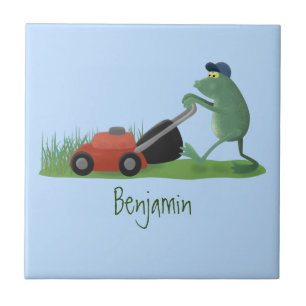 Carreau Drôle grenouille verte tondre la pelouse dessin