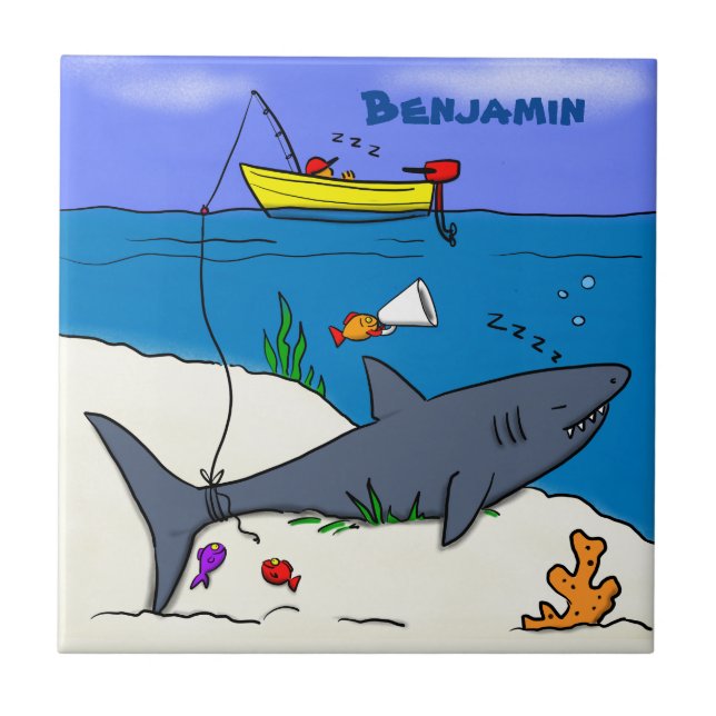 Carreau Drôle requin couché et dessin animé de pêche (Devant)