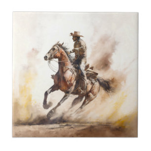 Carreau Dusty Western Watercolor Cowboy Riding Mustang
