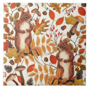 Carreau Écureuils d'automne et flore automnale sur le blan