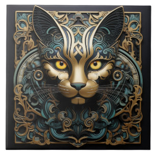 Carreau Effet 3D Chat Avec Accent Or Art Abstrait