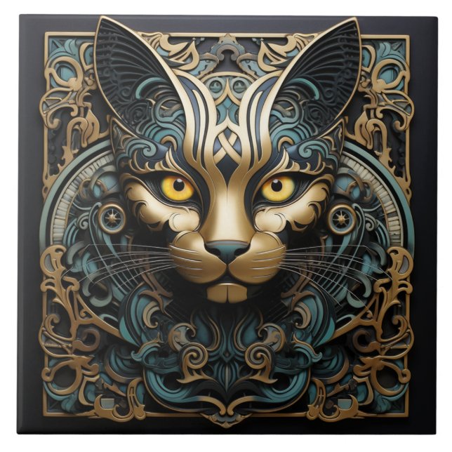 Carreau Effet 3D Chat Avec Accent Or Art Abstrait (Devant)