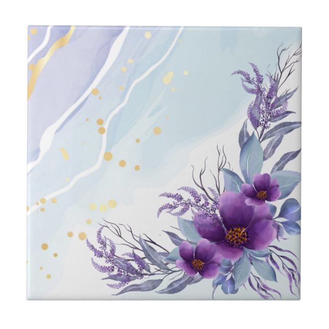 Carreau Elégant Aquarelle Pilier Floral Violet (Devant)