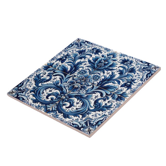 Carreau Elégant Art Floral Bleu Carrelage (Côté)