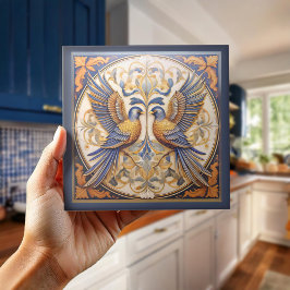 Carreau Elégant Art Nouveau Birds Pat#21 Blue Gold ID1078