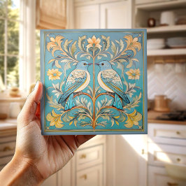 Carreau Élégant Art Nouveau Birds Pat#23 Turquoise Peach I