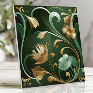 Carreau Élégant Art Nouveau floral émeraude et or
