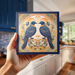 Carreau Élégant Art Nouveau Oiseaux Pat#22 Blue Peach ID10