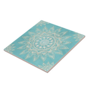 Carreau Elégant Blanc Gold Mandala Sky Blue Design